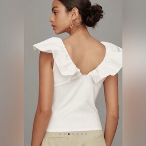 Anthropologie White Ruffle Sleeve Top
